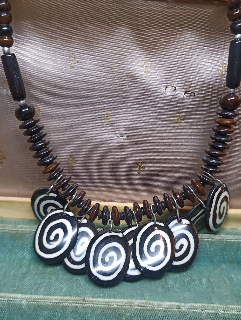 Black & Ivory Spiral Pendant Statement Wooden Beaded Necklace - Women Jewelry